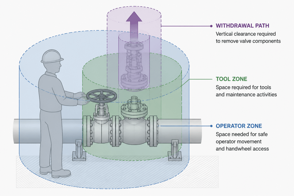 Piping Valve Access and Maintenance Clearances in CAD: A Practical Detailing Guide engineering illustration