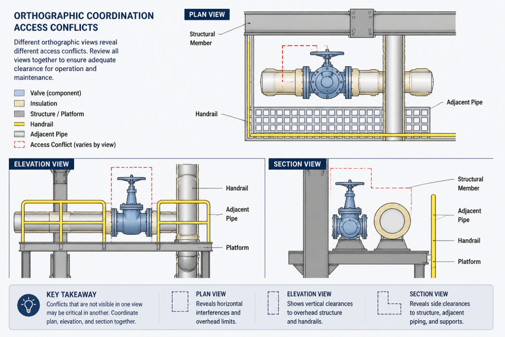 Piping Valve Access and Maintenance Clearances in CAD: A Practical Detailing Guide engineering illustration
