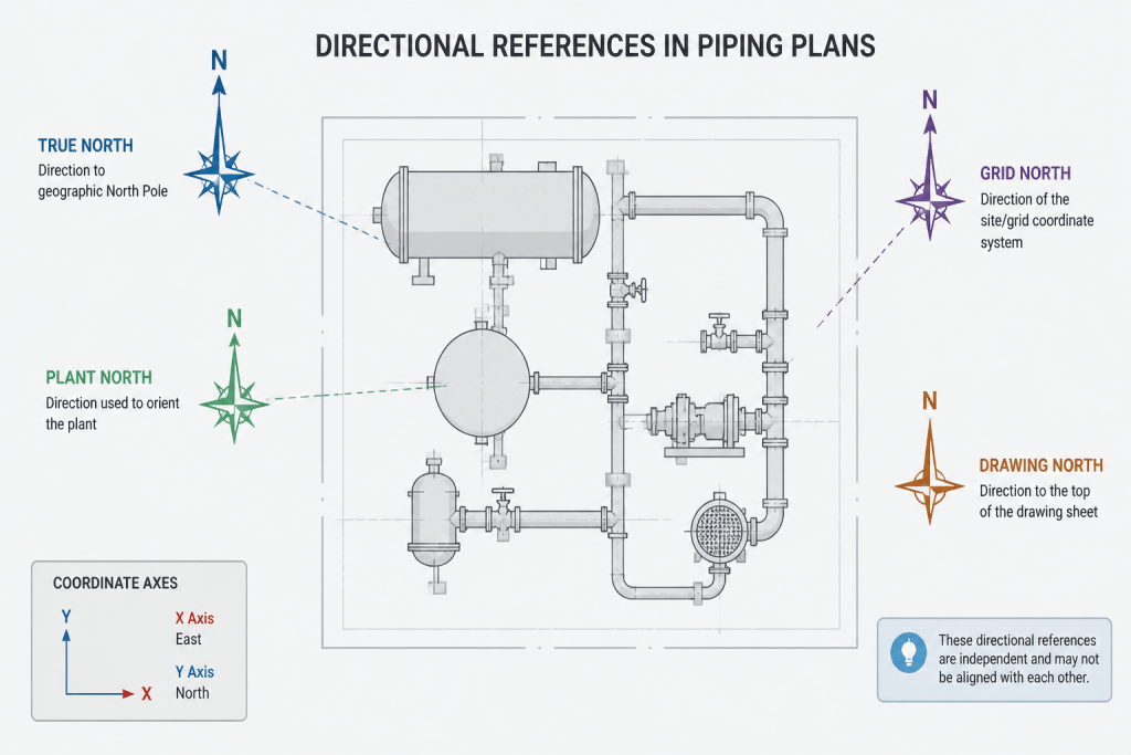 Plant North vs. True North in Piping CAD: How to Orient Drawings Correctly engineering illustration