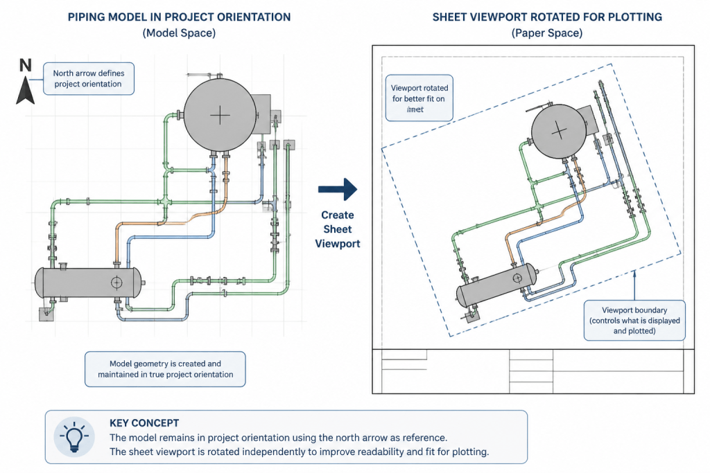 Plant North vs. True North in Piping CAD: How to Orient Drawings Correctly engineering illustration