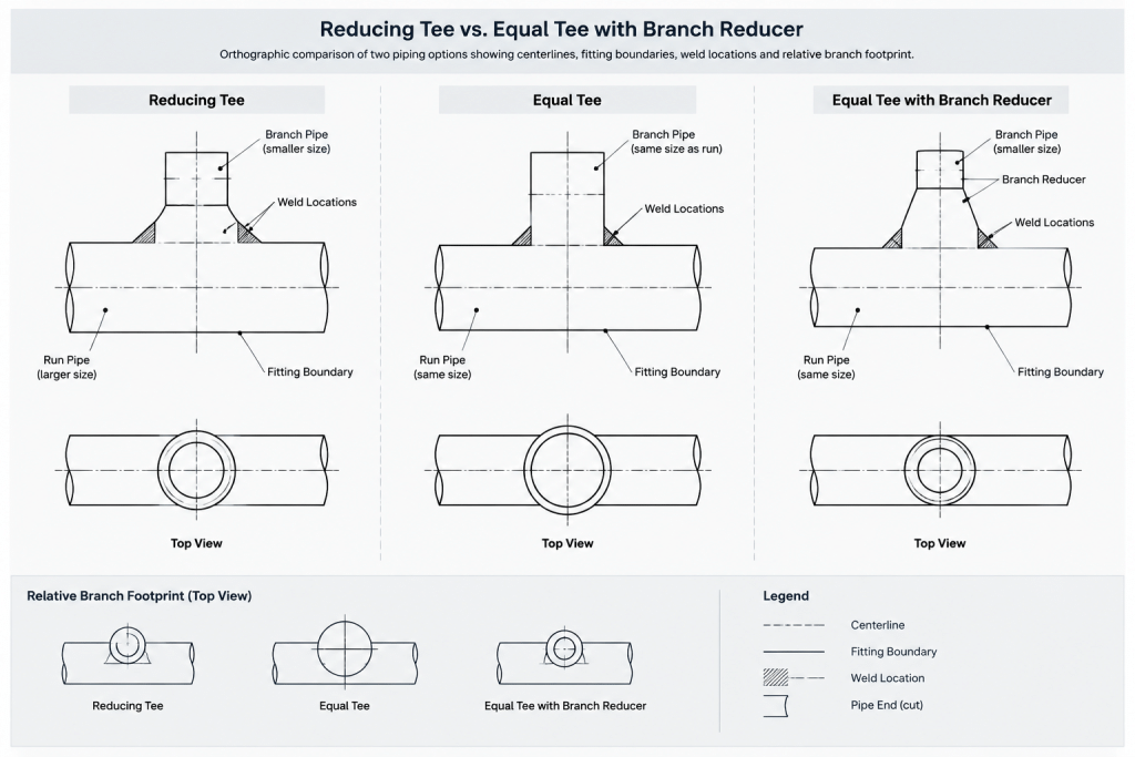 Reducing Tee vs. Equal Tee and Reducer: A Practical Piping Layout Comparison piping engineering illustration
