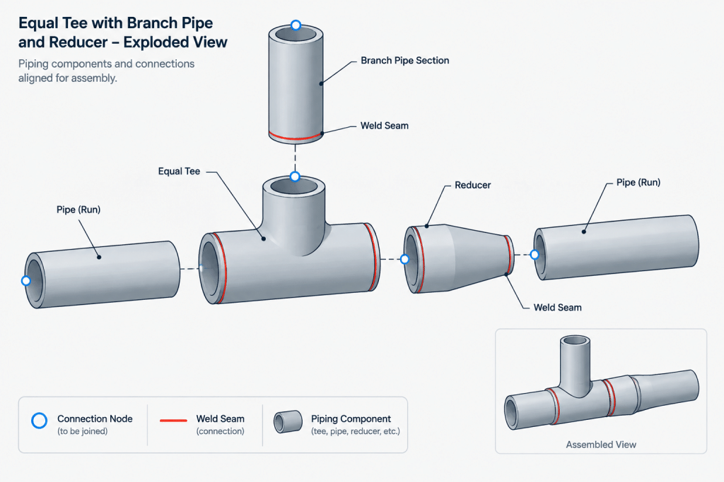 Reducing Tee vs. Equal Tee and Reducer: A Practical Piping Layout Comparison piping engineering illustration