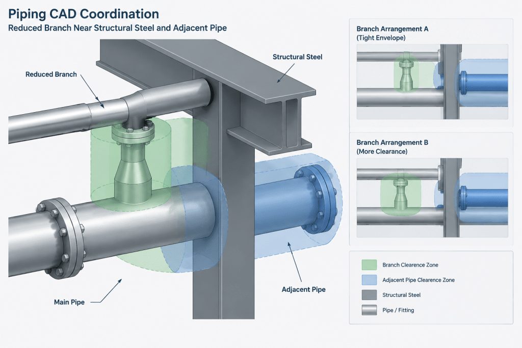 Reducing Tee vs. Equal Tee and Reducer: A Practical Piping Layout Comparison piping engineering illustration