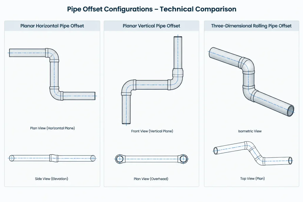 Rolling Offsets in Piping CAD: True Offset, Travel, and Elbow Orientation piping engineering illustration