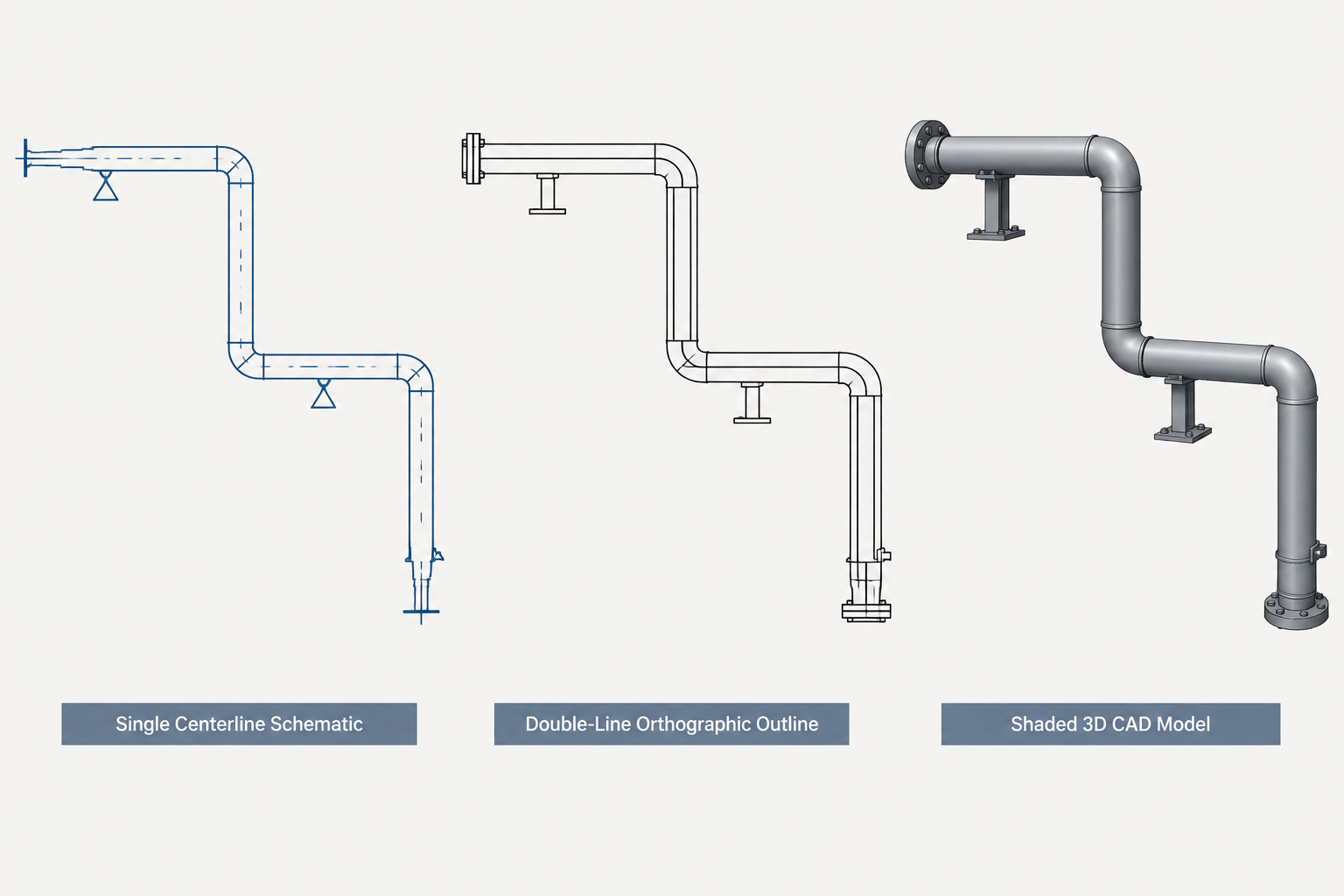 Single-Line, Double-Line, and 3D Piping Drawings: Choosing the Right CAD Representation engineering illustration