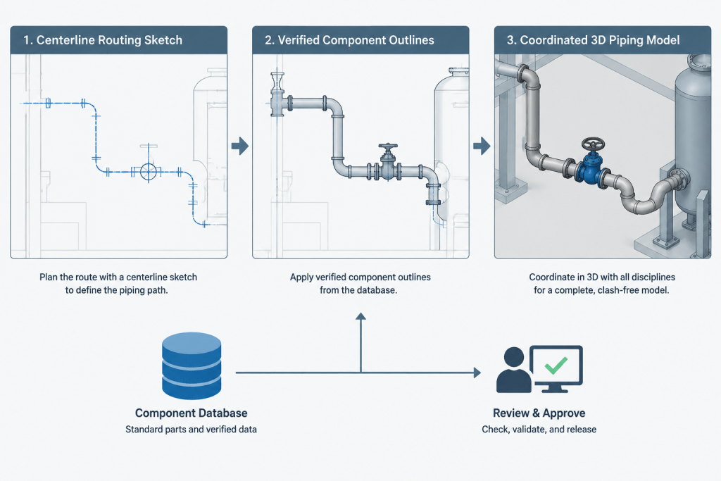Single-Line, Double-Line, and 3D Piping Drawings: Choosing the Right CAD Representation engineering illustration
