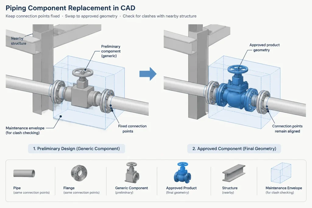 Standard Dimensions vs. Manufacturer Dimensions in Piping CAD: What Can Be Treated as Generic? piping engineering illustration