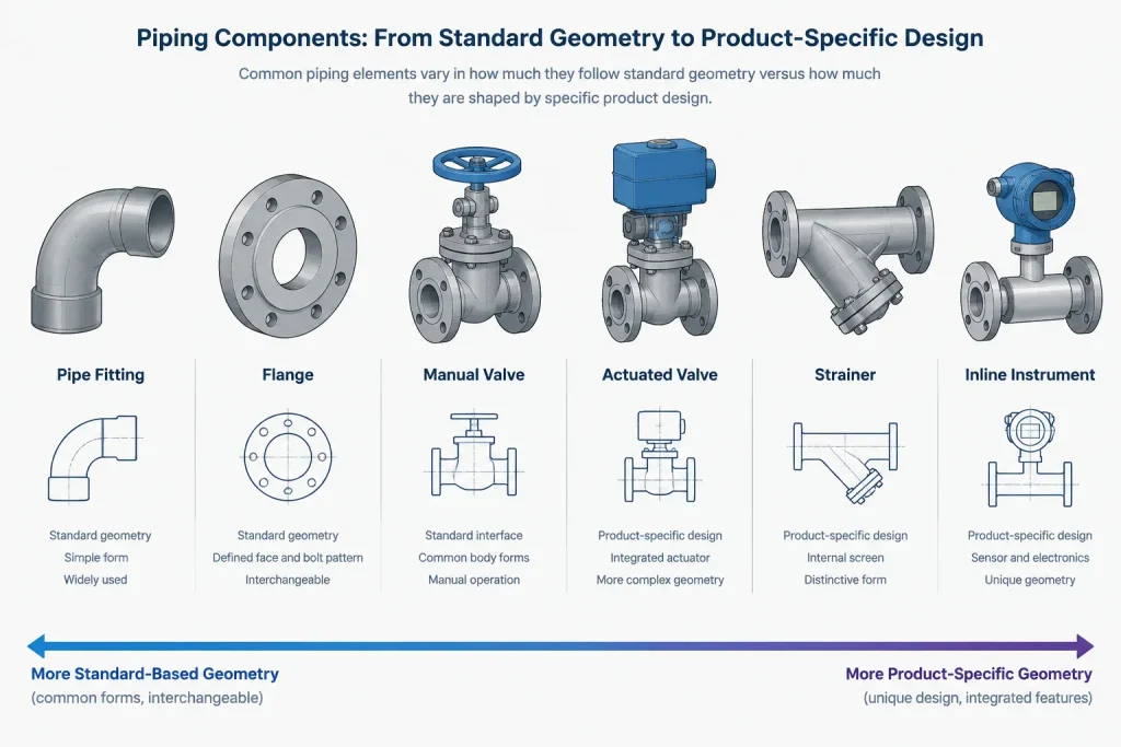Standard Dimensions vs. Manufacturer Dimensions in Piping CAD: What Can Be Treated as Generic? piping engineering illustration