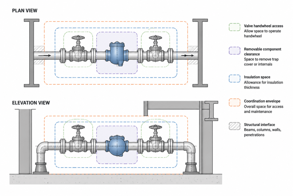 Steam Trap Piping in CAD: How to Show Stations, Bypass Lines, and Drainage Details engineering illustration