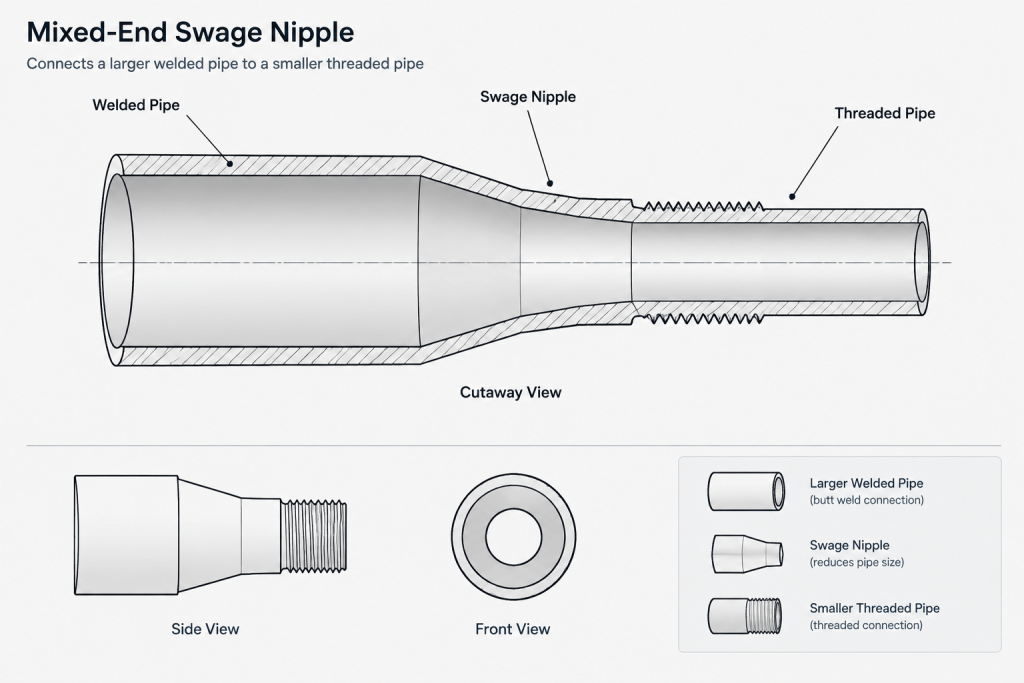 Swage Nipples vs. Pipe Reducers: Selection, Connections, and CAD Detailing piping engineering illustration