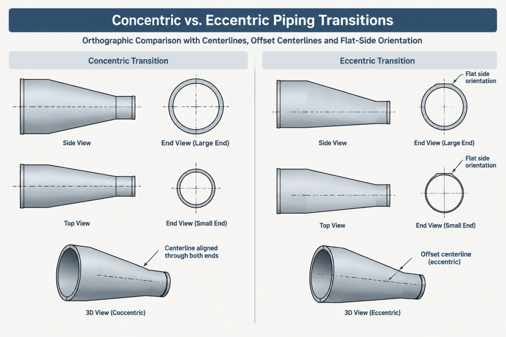 Swage Nipples vs. Pipe Reducers: Selection, Connections, and CAD Detailing piping engineering illustration