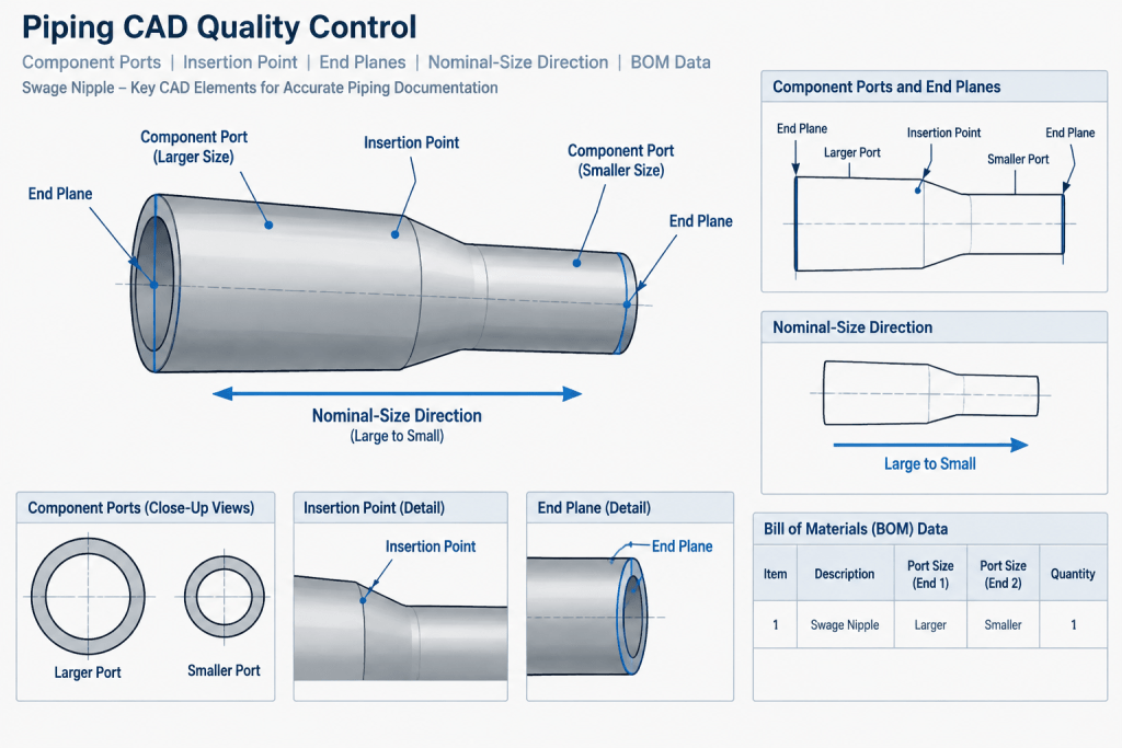 Swage Nipples vs. Pipe Reducers: Selection, Connections, and CAD Detailing piping engineering illustration