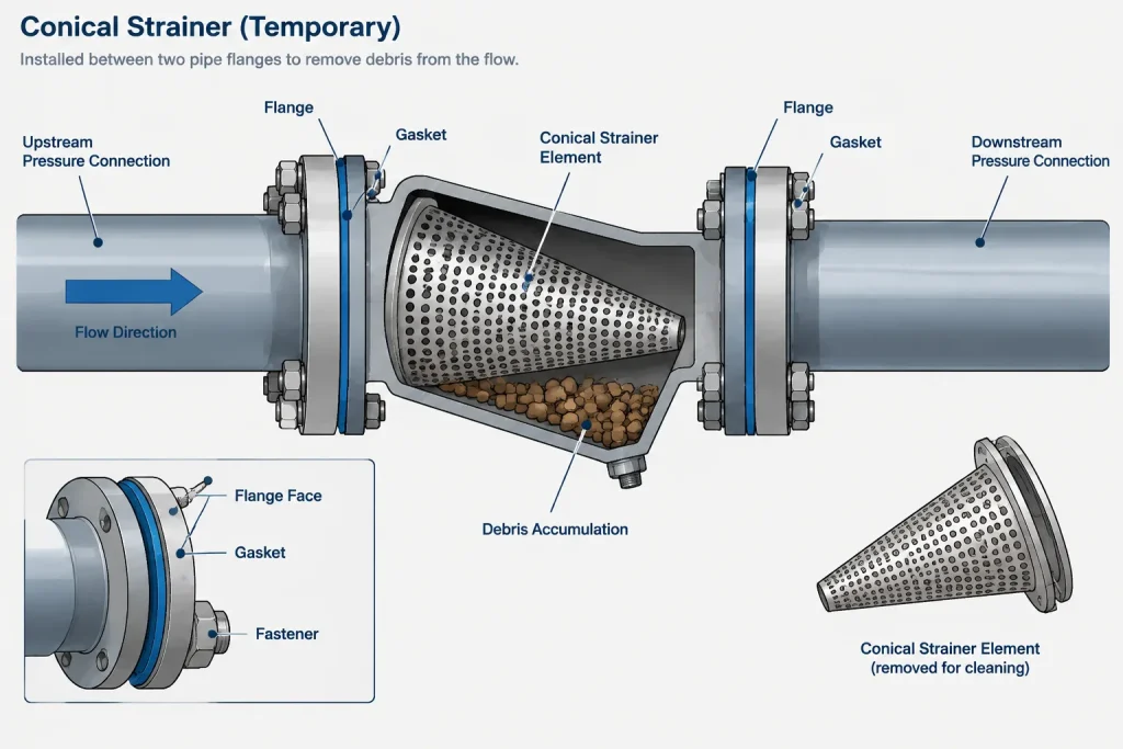 Temporary Strainers in Piping CAD: Placement, Orientation, and Removal Planning piping engineering illustration