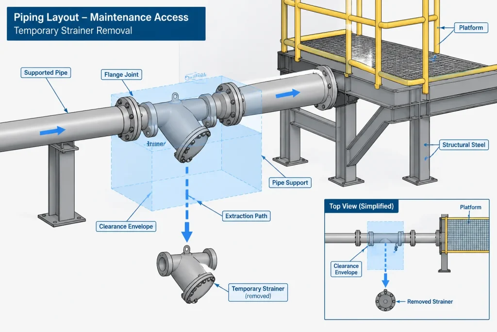 Temporary Strainers in Piping CAD: Placement, Orientation, and Removal Planning piping engineering illustration