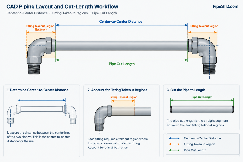 Threaded Pipe Connections in CAD: Engagement, Makeup, and Cut-Length Control piping engineering illustration