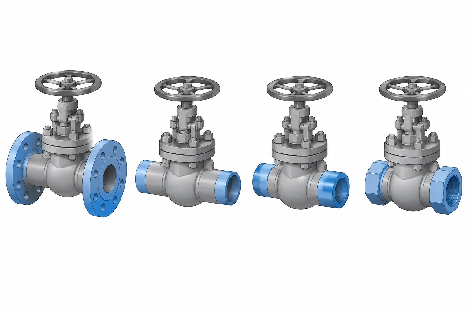 Valve End Connections in Piping CAD: Flanged, Butt-Weld, Socket-Weld, and Threaded