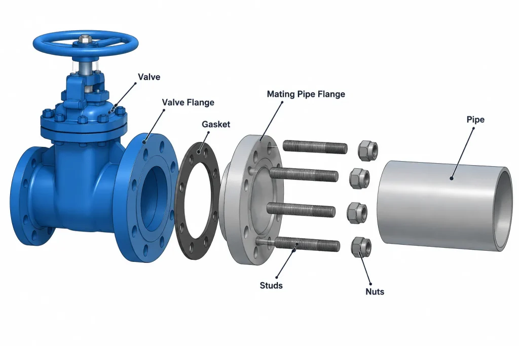 Valve End Connections in Piping CAD: Flanged, Butt-Weld, Socket-Weld, and Threaded piping engineering illustration
