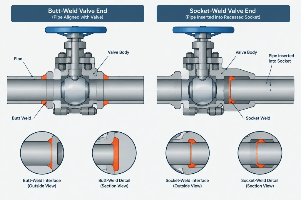 Valve End Connections in Piping CAD: Flanged, Butt-Weld, Socket-Weld, and Threaded piping engineering illustration