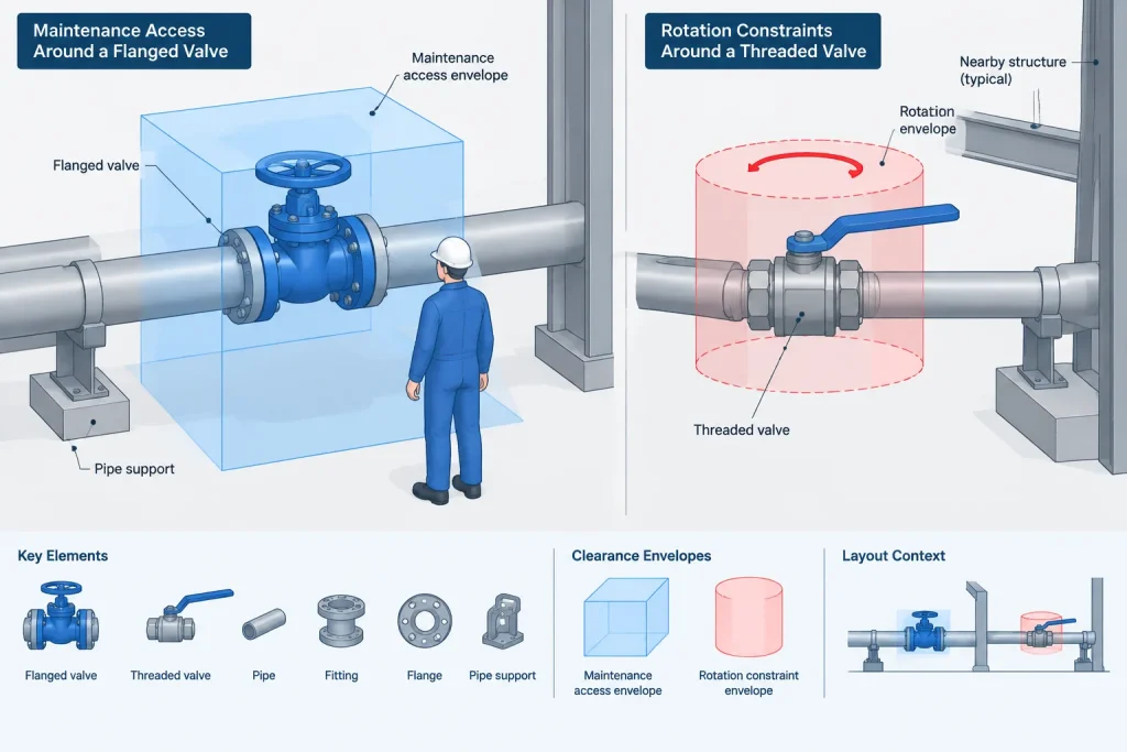 Valve End Connections in Piping CAD: Flanged, Butt-Weld, Socket-Weld, and Threaded piping engineering illustration