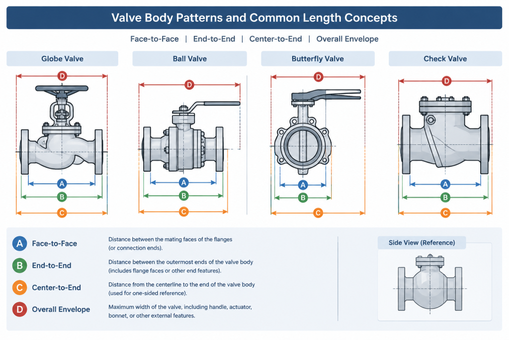 Valve Face-to-Face Dimensions in CAD: Replacement, Interchangeability, and Layout Control piping engineering illustration