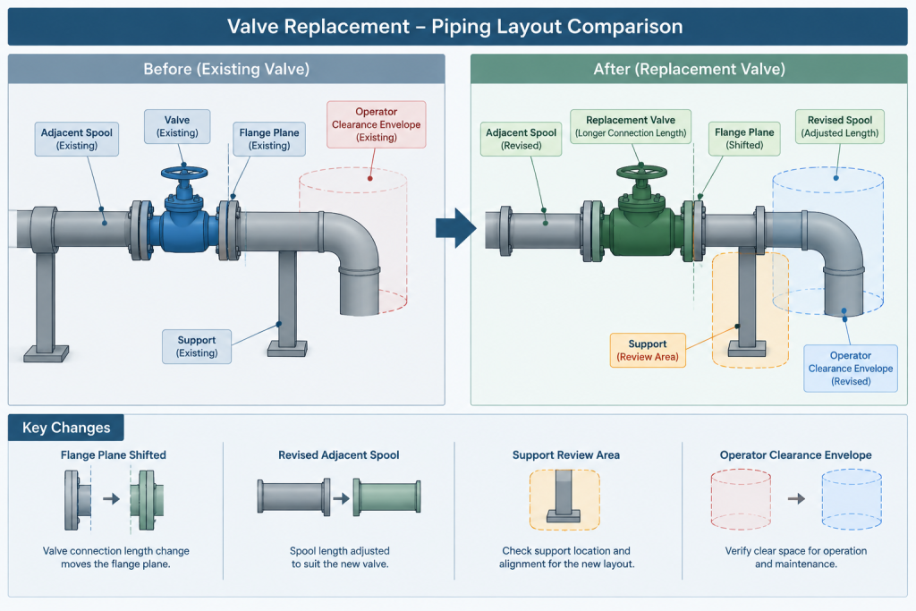 Valve Face-to-Face Dimensions in CAD: Replacement, Interchangeability, and Layout Control piping engineering illustration