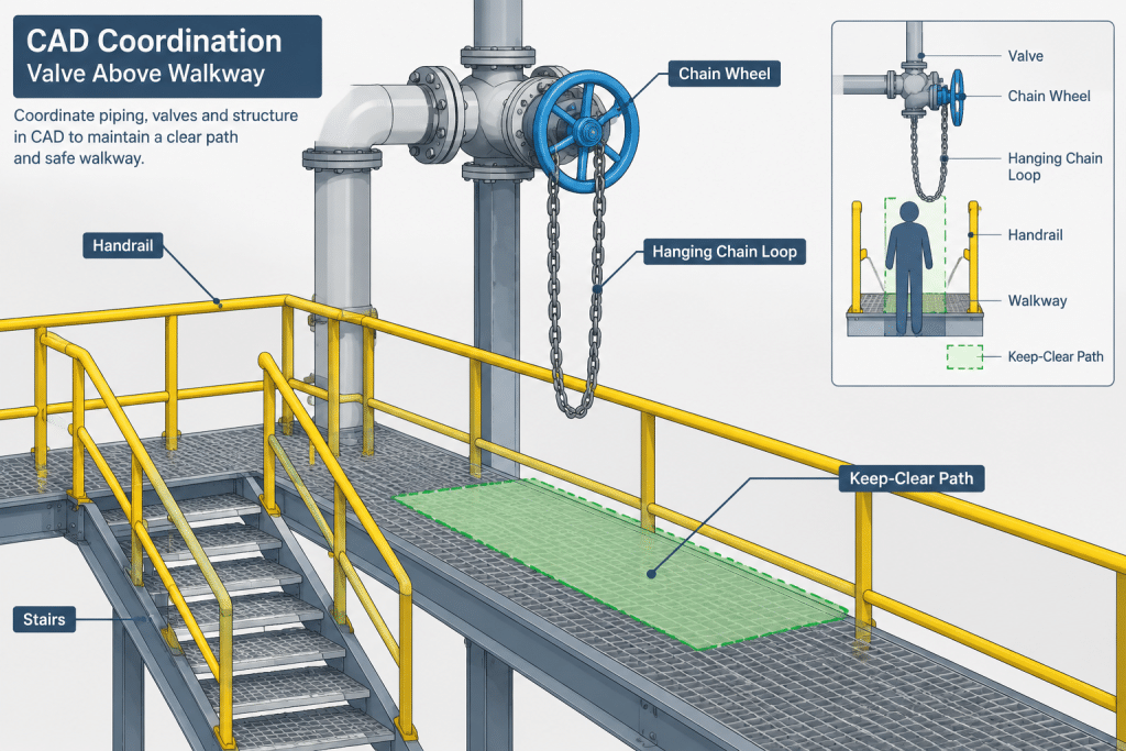Valve Operator Extensions and Chain Wheels in Piping CAD: A Practical Layout Guide piping engineering illustration