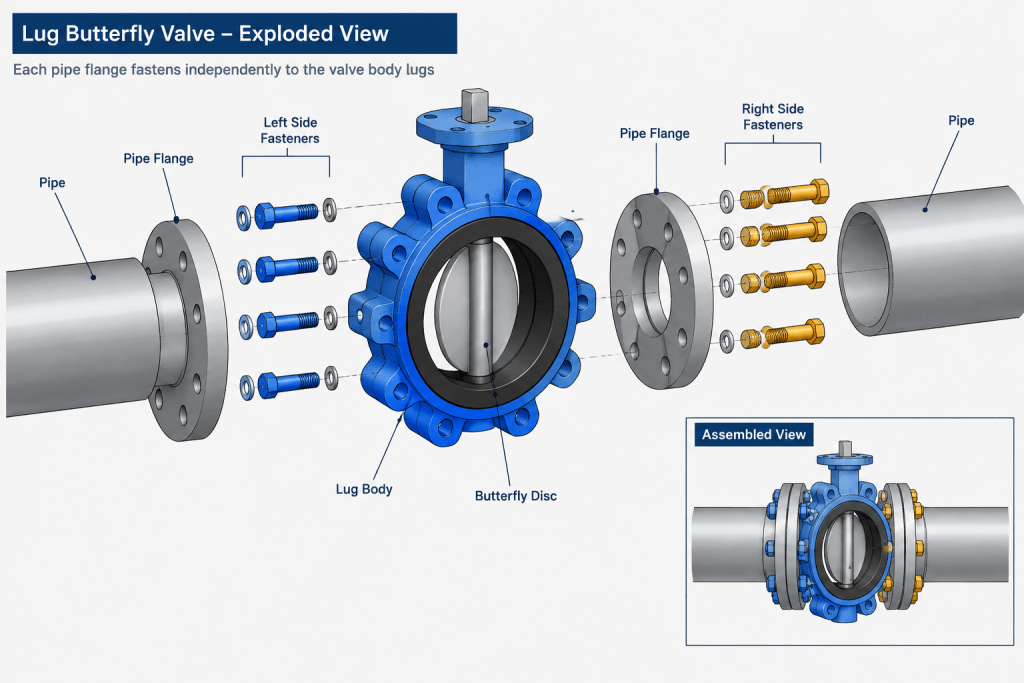 Wafer vs. Lug Butterfly Valves in Piping CAD: Connections, Bolting, and Maintenance piping engineering illustration