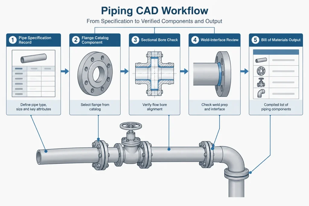 Weld Neck Flange Bore in CAD: Matching the Hub, Pipe Wall, and Weld Detail piping engineering illustration