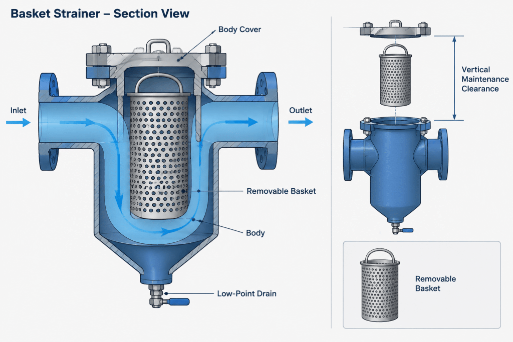 Y-Strainers vs. Basket Strainers in Piping CAD: Orientation, Access, and Detailing piping engineering illustration