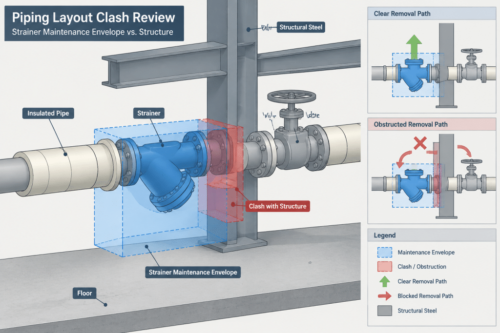 Y-Strainers vs. Basket Strainers in Piping CAD: Orientation, Access, and Detailing piping engineering illustration
