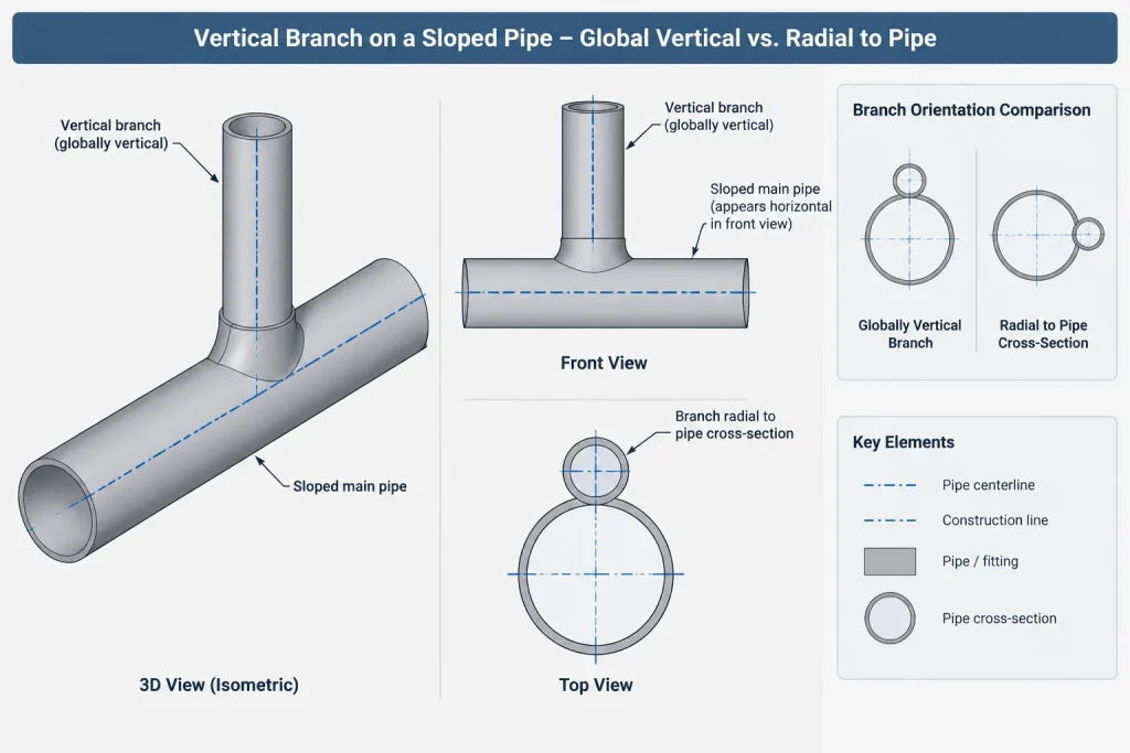 Branch Connection Orientation in Piping CAD: Clocking, Coordinates, and Isometric Control piping engineering illustration
