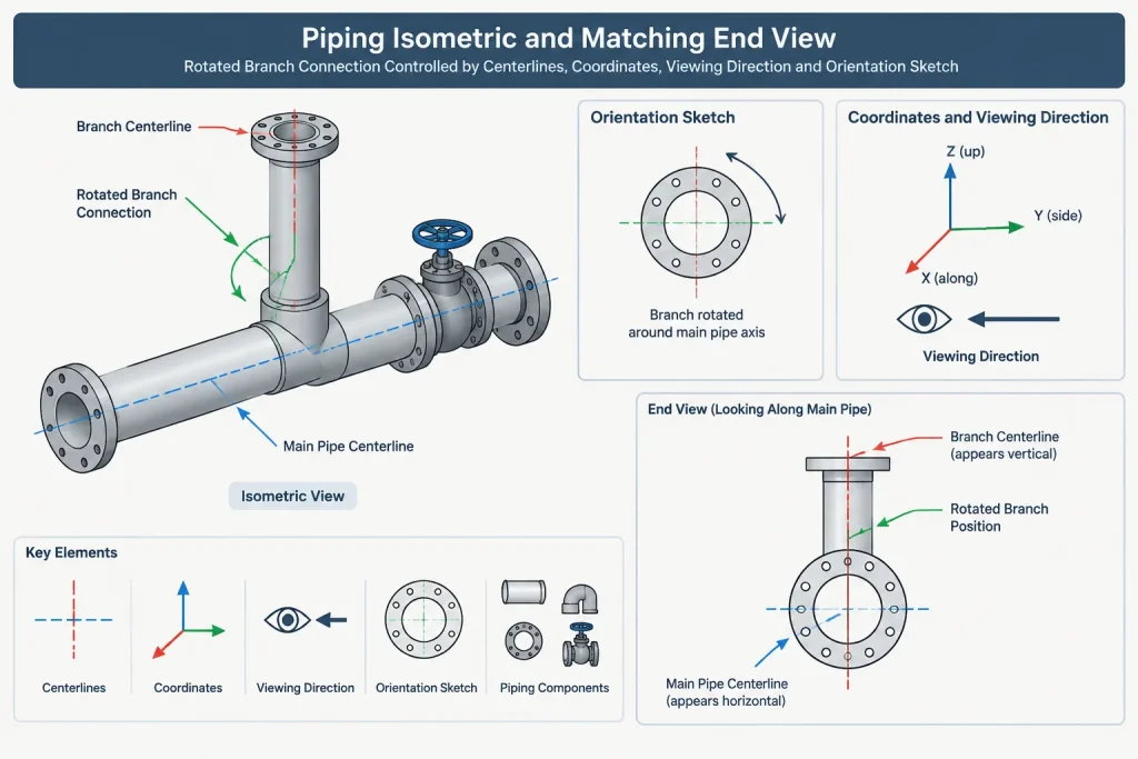 Branch Connection Orientation in Piping CAD: Clocking, Coordinates, and Isometric Control piping engineering illustration