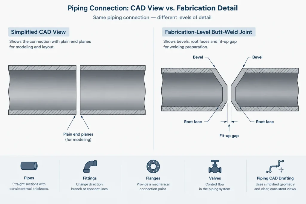 Butt-Weld End Preparation in Piping CAD: Bevels, Root Faces, and Fit-Up Gaps piping engineering illustration