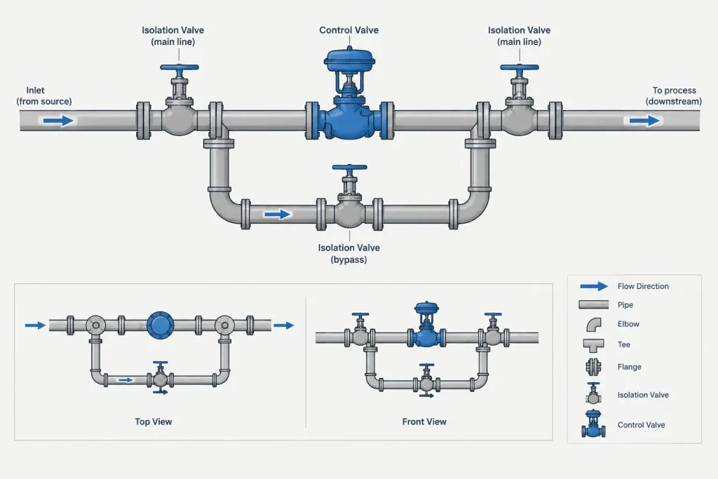 Control Valve Station Layout in Piping CAD: Bypass, Isolation, Access, and Removal piping engineering illustration