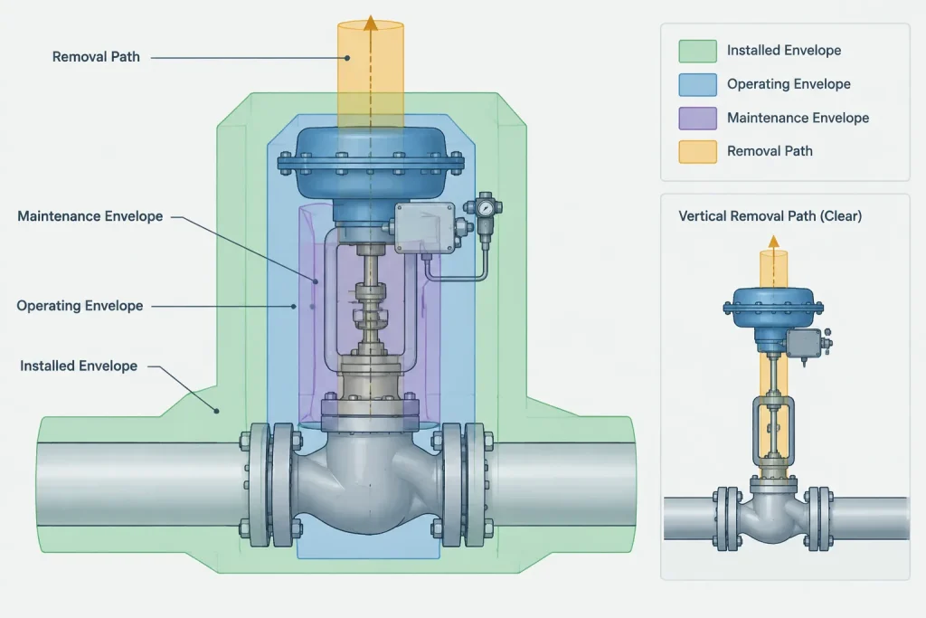 Control Valve Station Layout in Piping CAD: Bypass, Isolation, Access, and Removal piping engineering illustration