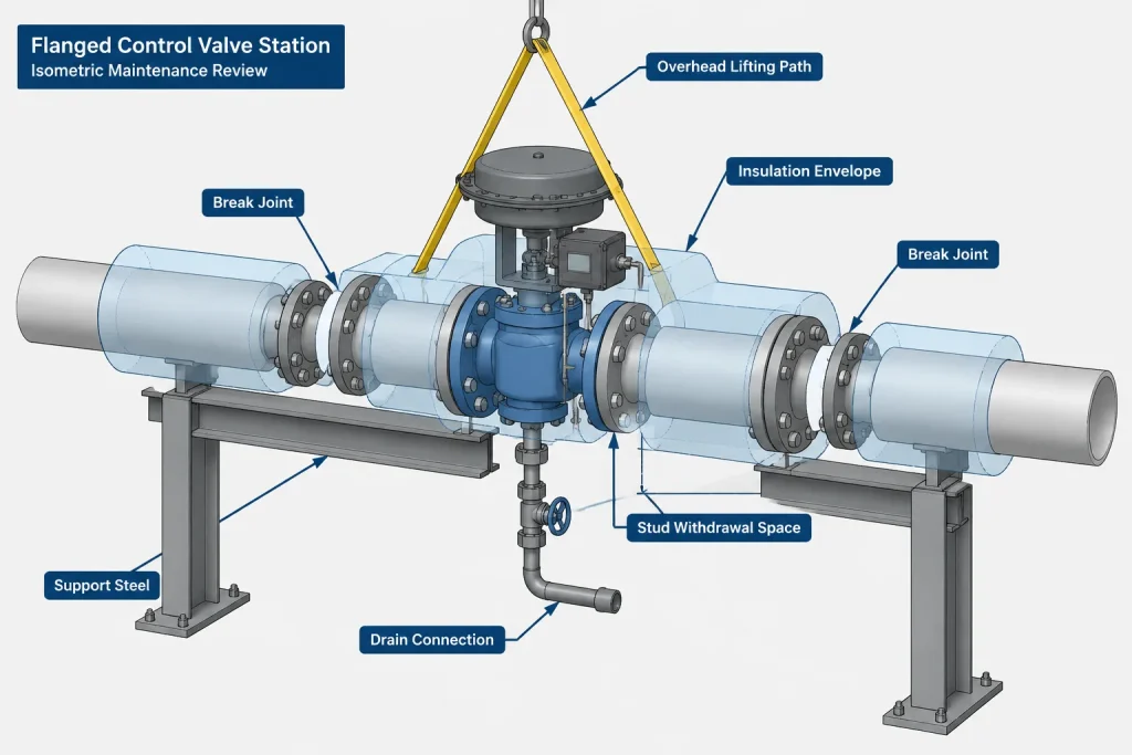 Control Valve Station Layout in Piping CAD: Bypass, Isolation, Access, and Removal piping engineering illustration