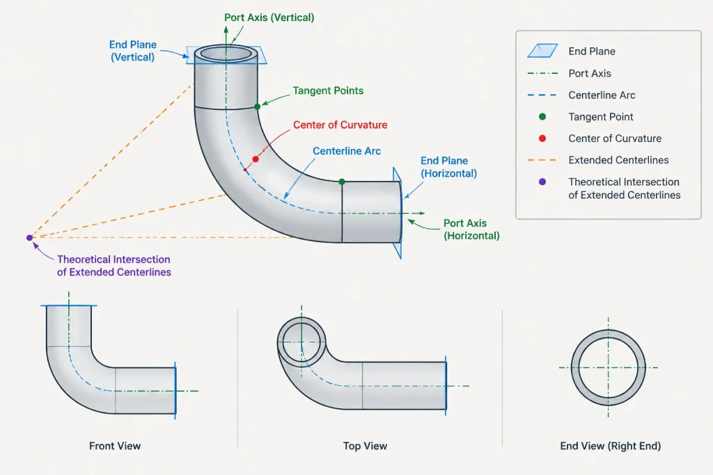 Elbow Geometry in Piping CAD: Tangent Points, End Planes, and Centers of Curvature piping engineering illustration