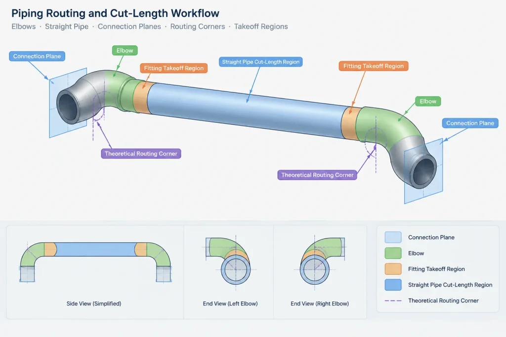Elbow Geometry in Piping CAD: Tangent Points, End Planes, and Centers of Curvature piping engineering illustration