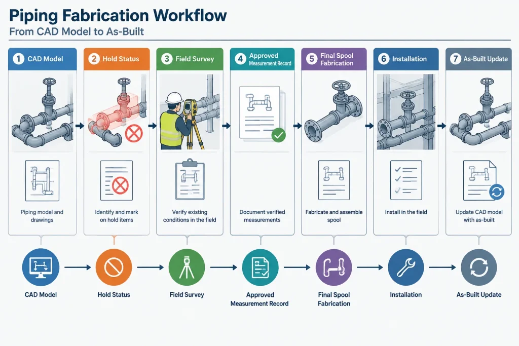 Field-Fit Piping in CAD: Trim Allowances, Closure Spools, and Verified Dimensions piping engineering illustration