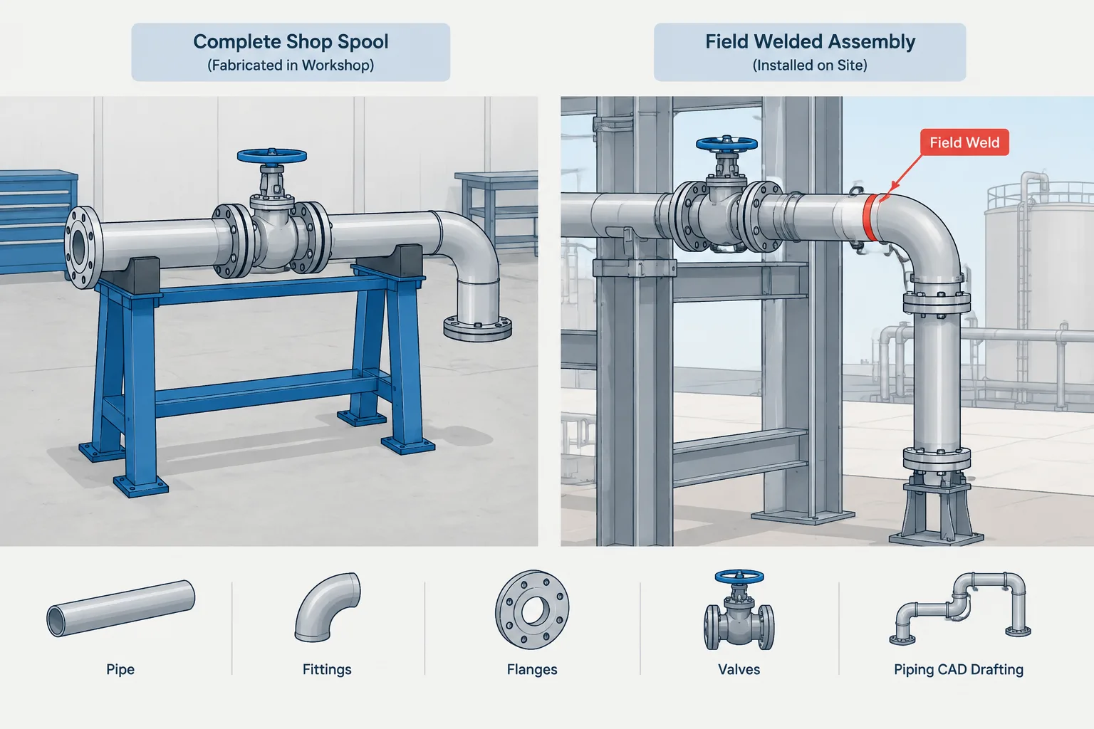 Field Weld vs. Shop Weld in Piping CAD: Spool Planning, Location, and Drawing Control piping engineering illustration