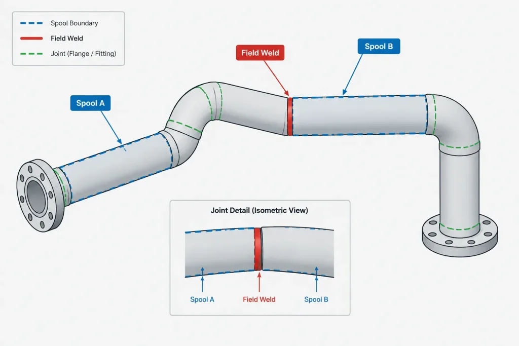 Field Weld vs. Shop Weld in Piping CAD: Spool Planning, Location, and Drawing Control piping engineering illustration