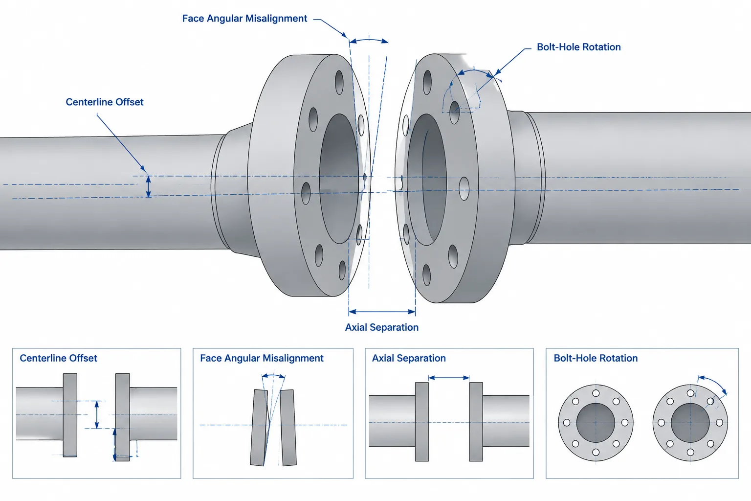 Flange Alignment in Piping CAD: Offset, Angular Error, Bolt-Hole Rotation, and Fit-Up