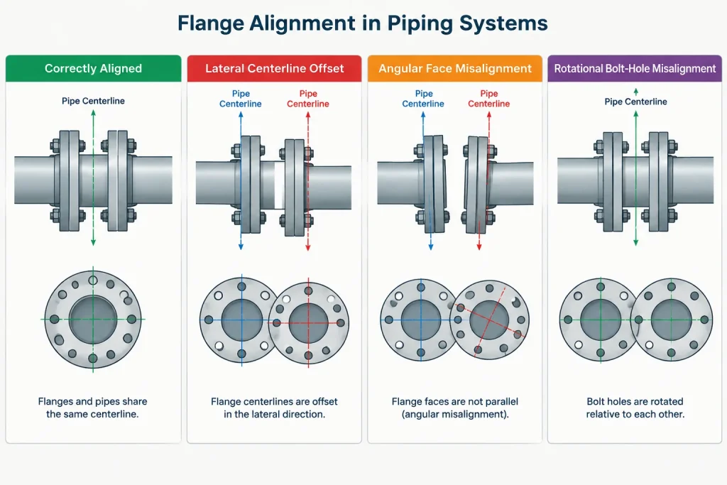 Flange Alignment in Piping CAD: Offset, Angular Error, Bolt-Hole Rotation, and Fit-Up piping engineering illustration