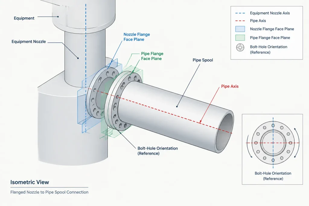 Flange Alignment in Piping CAD: Offset, Angular Error, Bolt-Hole Rotation, and Fit-Up piping engineering illustration