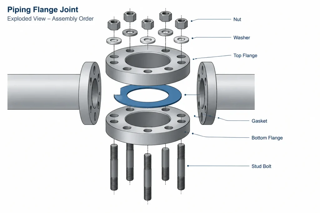 Flange Bolt Length in Piping CAD: Joint Stack-Up, Studs, Nuts, and Washers piping engineering illustration