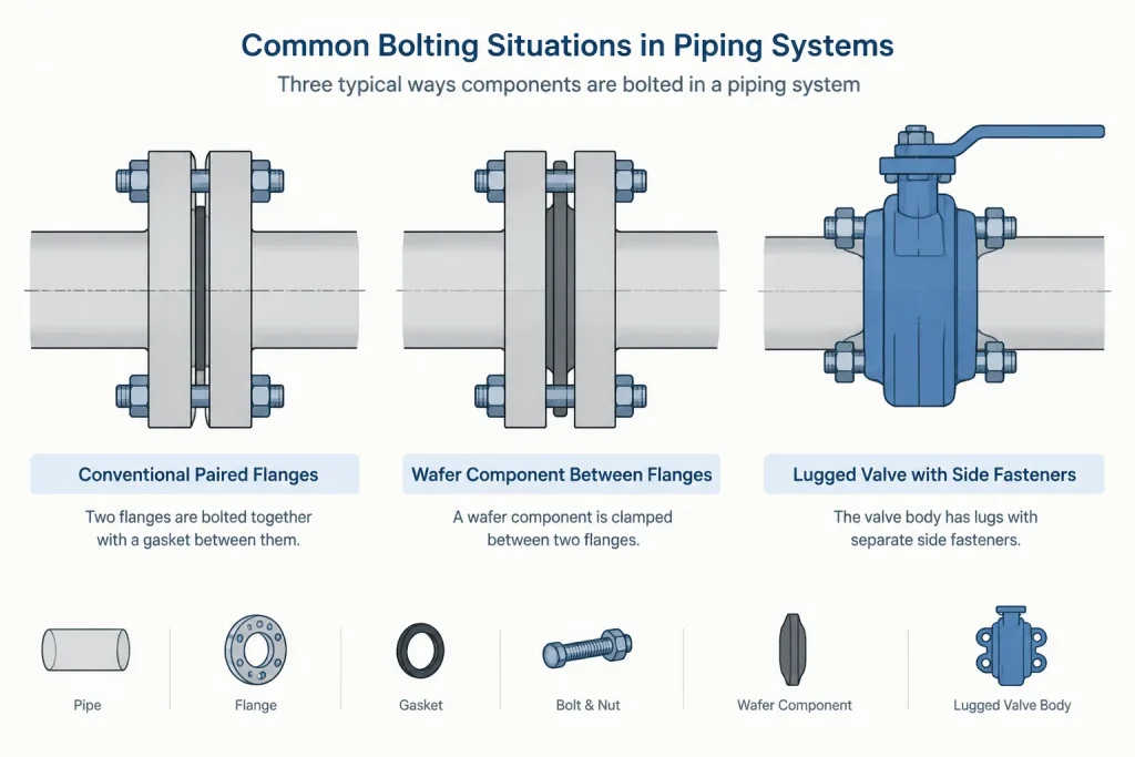 Flange Bolt Length in Piping CAD: Joint Stack-Up, Studs, Nuts, and Washers piping engineering illustration