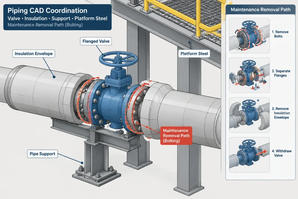 Flange Bolting Access in Piping CAD: Wrench Clearance, Stud Removal, and Obstruction Checks piping engineering illustration