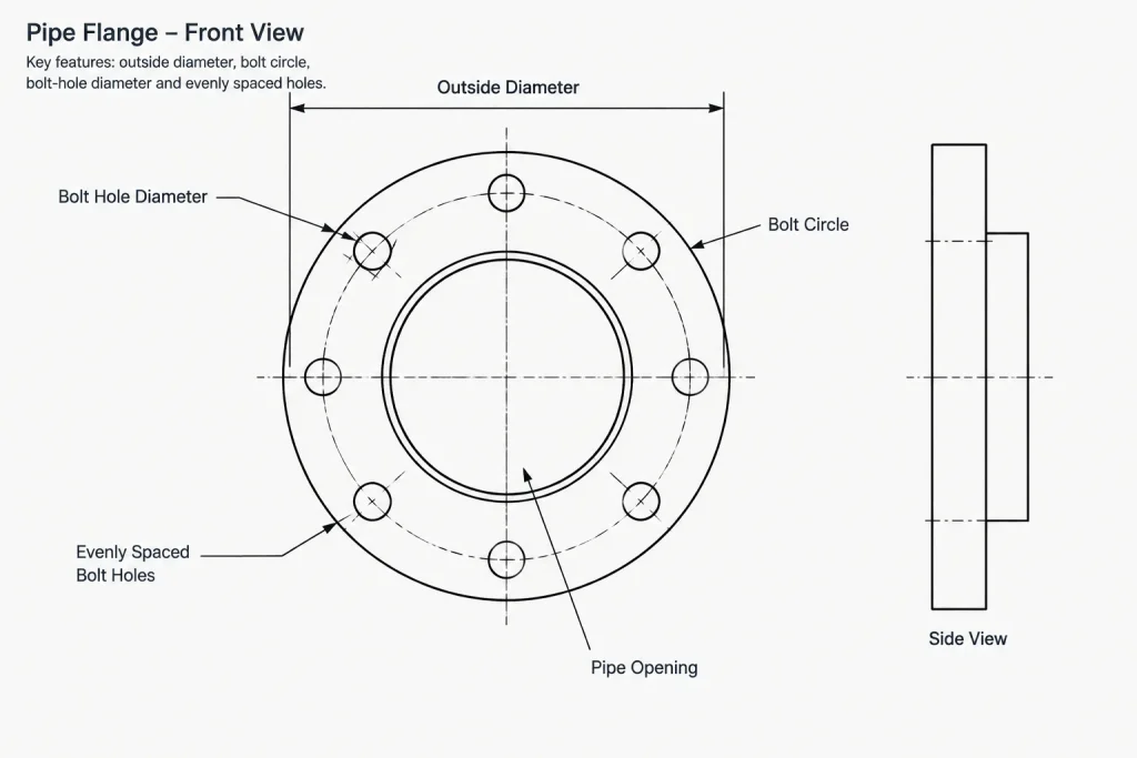 Flange Dimension Terminology: Bore, Bolt Circle, Face, Hub, and Thickness piping engineering illustration