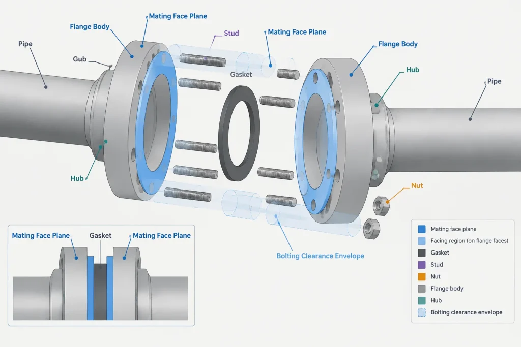 Flange Dimension Terminology: Bore, Bolt Circle, Face, Hub, and Thickness piping engineering illustration