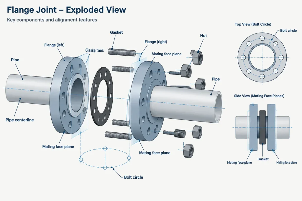 Flange Size vs. Pipe Size: Nominal Size, Bore, Outside Diameter, and Bolt Pattern Explained piping engineering illustration